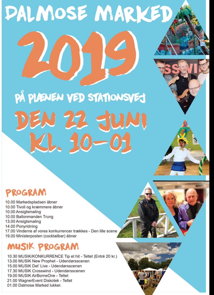 Dalmosemarked 2019 med program.
Loppemarked og underholdning i Dalmose